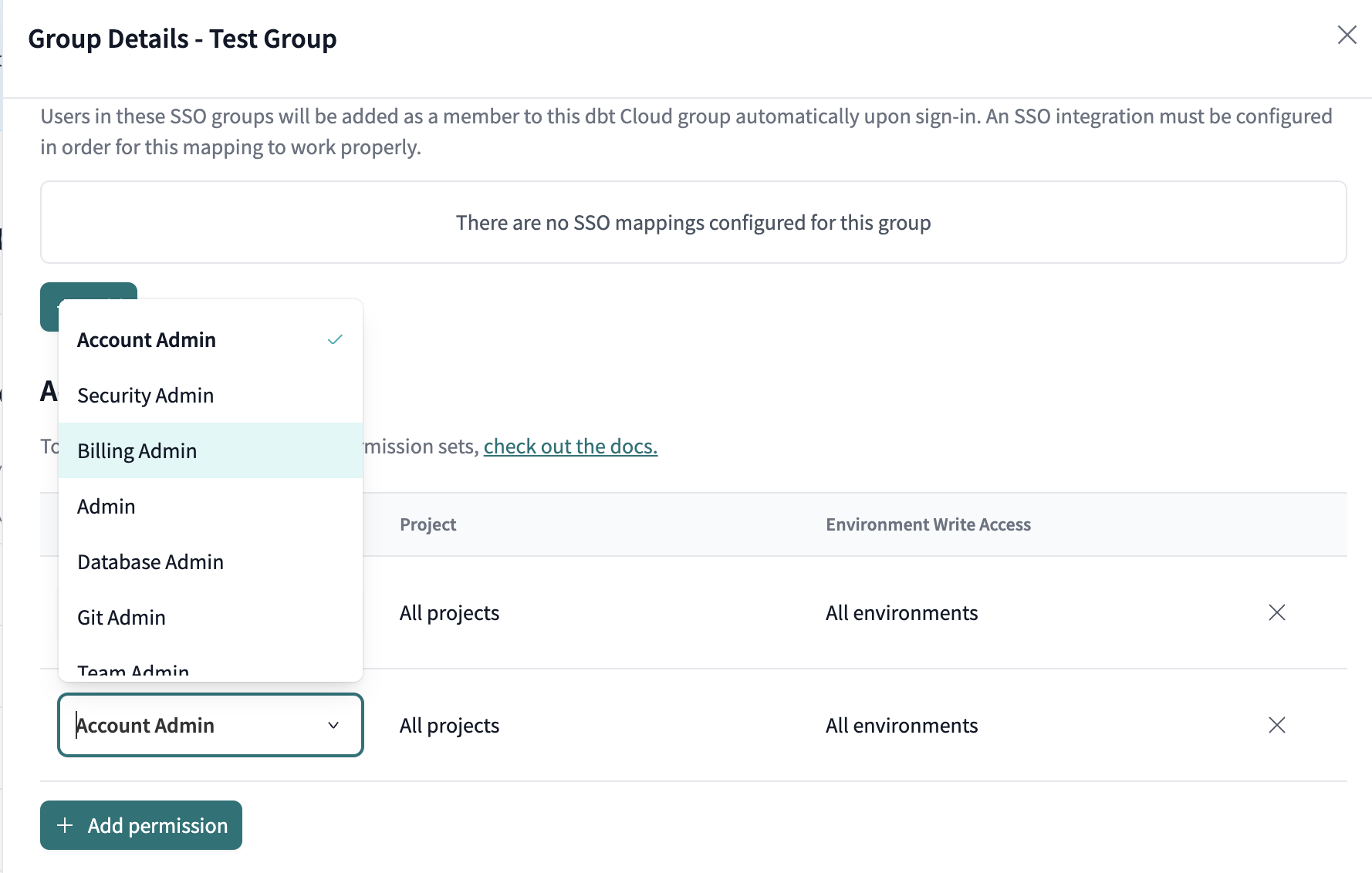 Example the permissions dropdown while editing an existing group.